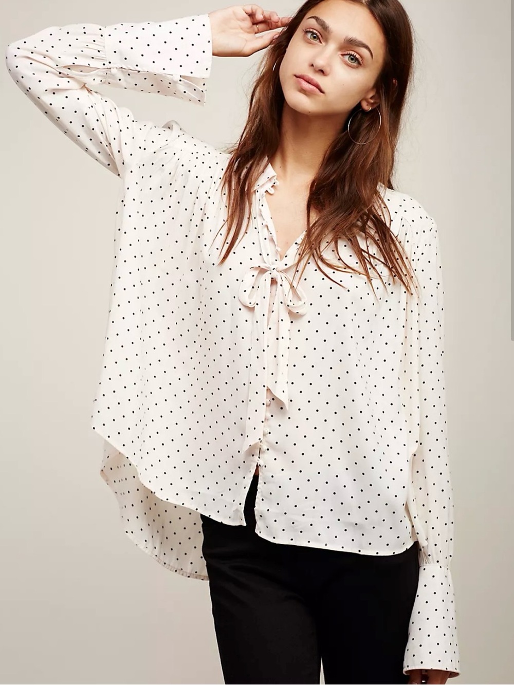 Free People New World Dotted Blouse Oversized Flowy Semi Sheer Tie Sz Small